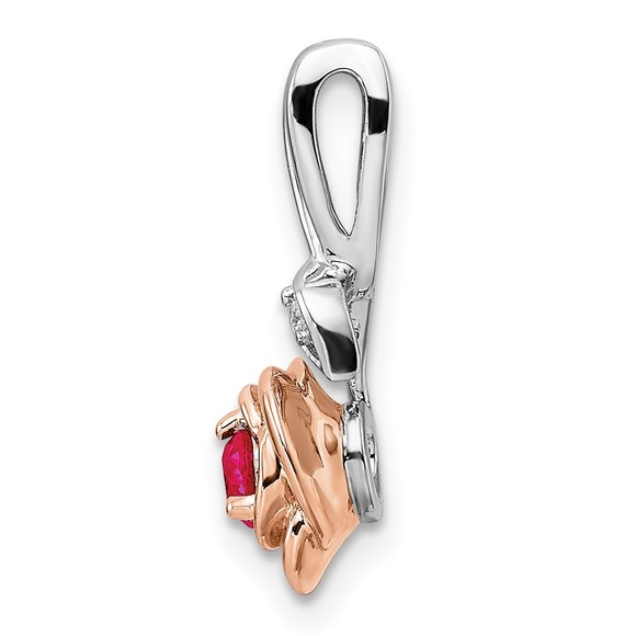 14K Two-tone White & Rose Red Ruby & Diamond Flower Necklace Charm Pendant - Picture 2 of 4